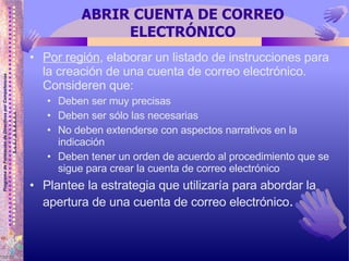 ABRIR CUENTA DE CORREO ELECTRÓNICO Por región , elaborar un listado de instrucciones para la creación de una cuenta de correo electrónico.  Consideren que: Deben ser muy precisas Deben ser sólo las necesarias No deben extenderse con aspectos narrativos en la indicación Deben tener un orden de acuerdo al procedimiento que se sigue para crear la cuenta de correo electrónico Plantee la estrategia que utilizaría para abordar la apertura de una cuenta de correo electrónico . 