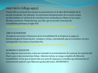 FABIO BESTA:(1845-1922)
 Desarrolló su teoría de las cuentas su pensamiento en la obra del fundador de la
escuela lombarda, No obstante, los elementos fundamentales de su teoría venían
ya esbozándose en multitud de contribuciones realizadas por Besta en las cuatro
décadas anteriores. Puede decirse, por ello, que la escuela veneciana de
contabilidad pertenece al siglo XIX.
www.webscolar.com/personajes-que-aportaron-a-la-contabilidad

 ERICH SCHNEIDER:
 Al aspecto económico-financiero de la Contabilidad de la Empresa le asigna la
fenomenología de financiación, compras y ventas, entendiendo que al económico-técnico
corresponden los costos y la producción.
 www.webscolar.com/personajes-que-aportaron-a-la-contabilidad

DOMENICO MANZONI:
tiene algunas innovaciones, como por ejemplo la recomendación de numerar los asientos del
Diario para evitar anotaciones falsas. Además incluye un juego completo de libros de
contabilidad, en los que se desarrolla una serie de supuestos contables que demuestran el
conocimiento práctico que Manzoni poseía del tema. (DOMENICO
 
