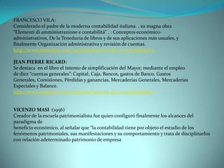 FRANCESCO VILA:
Considerado el padre de la moderna contabilidad italiana. , su magna obra
“Elementi di amministrazione e contabilitá” . : Conceptos económico-
administrativos, De la Teneduría de libros y de sus aplicaciones más usuales, y
finalmente Organización administrativa y revisión de cuentas.
http://www.xtimeline.com/timeline/historia-de-la-contabilidad-11

JEAN PIERRE RICARD:
Se destaca en el libro el intento de simplificación del Mayor, mediante el empleo
de diez “cuentas generales”: Capital, Caja, Bancos, gastos de Banco, Gastos
Generales, Comisiones, Pérdidas y ganancias, Mercaderías Generales, Mercaderías
Especiales y Balance.
http://www.xtimeline.com/timeline/historia-de-la-contabilidad-11


VICENZO MASI :(1956)
Creador de la escuela patrimonialista fue quien configuró finalmente los alcances del
paradigma de
beneficio económico, al señalar que “la contabilidad tiene por objeto el estudio de los
fenómenos patrimoniales, sus manifestaciones y su comportamiento y trata de disciplinarlos
con relación adeterminado patrimonio de empresa
 