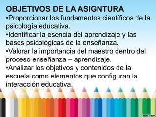 OBJETIVOS DE LA ASIGNTURA
•Proporcionar los fundamentos científicos de la
psicología educativa.
•Identificar la esencia del aprendizaje y las
bases psicológicas de la enseñanza.
•Valorar la importancia del maestro dentro del
proceso enseñanza – aprendizaje.
•Analizar los objetivos y contenidos de la
escuela como elementos que configuran la
interacción educativa.
 