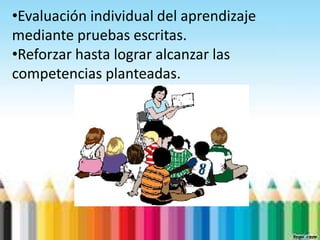 •Evaluación individual del aprendizaje
mediante pruebas escritas.
•Reforzar hasta lograr alcanzar las
competencias planteadas.
 