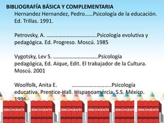 BIBLIOGRAFÍA BÁSICA Y COMPLEMENTARIA
   Hernandez Hernandez, Pedro……Psicología de la educación.
   Ed. Trillas. 1991.

   Petrovsky, A. ……………………………….Psicología evolutiva y
   pedagógica. Ed. Progreso. Moscú. 1985

   Vygotsky, Lev S. ……………………………Psicología
   pedagógica, Ed. Aique, Edit. El trabajador de la Cultura.
   Moscú. 2001

   Woolfolk, Anita E.      ………………………..Psicología
   educativa. Prentice-Hall. Hispanoamércia, S.S. México.
   1996.
 