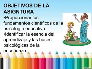 OBJETIVOS DE LA
ASIGNTURA
•Proporcionar los
fundamentos científicos de la
psicología educativa.
•Identificar la esencia del
aprendizaje y las bases
psicológicas de la
enseñanza.
 