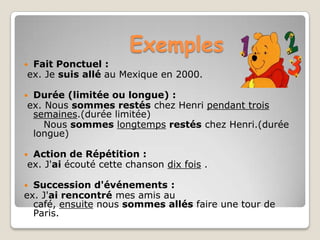 Exemples
Fait Ponctuel :
ex. Je suis allé au Mexique en 2000.

Durée (limitée ou longue) :
ex. Nous sommes restés chez Henri pendant trois
 semaines.(durée limitée)
    Nous sommes longtemps restés chez Henri.(durée
 longue)

Action de Répétition :
ex. J'ai écouté cette chanson dix fois .

 Succession d'événements :
ex. J'ai rencontré mes amis au
  café, ensuite nous sommes allés faire une tour de
  Paris.
 