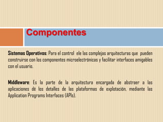 Componentes

Sistemas Operativos: Para el control ele las complejas arquitecturas que pueden
construirse con los componentes microelectrónicas y facilitar interfaces amigables
con el usuario.

Middleware: Es la parte de la arquitectura encargada de abstraer a las
aplicaciones dé los detalles de las plataformas de explotación, mediante las
Application Programs Interfaces (APIs).
 