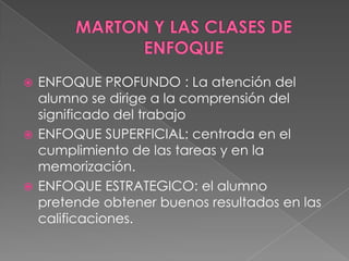  ENFOQUE PROFUNDO : La atención del
  alumno se dirige a la comprensión del
  significado del trabajo
 ENFOQUE SUPERFICIAL: centrada en el
  cumplimiento de las tareas y en la
  memorización.
 ENFOQUE ESTRATEGICO: el alumno
  pretende obtener buenos resultados en las
  calificaciones.
 