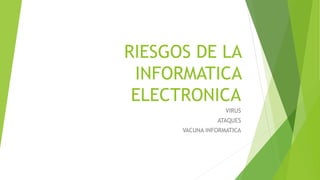 RIESGOS DE LA
INFORMATICA
ELECTRONICA
VIRUS
ATAQUES
VACUNA INFORMATICA
 