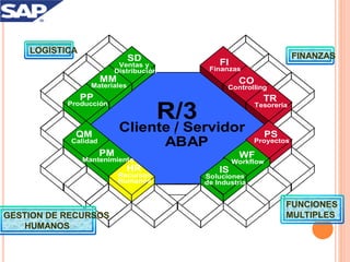 R/3
Cliente / Servidor
ABAP
FI
Finanzas
CO
Controlling
TR
Tesorería
PS
Proyectos
WF
Workflow
IS
Soluciones
de Industria
MM
Materiales
HR
Recursos
Humanos
SD
Ventas y
Distribución
PP
Producción
PM
Mantenimiento
QM
Calidad
í
LOGISTICA
FINANZAS
GESTION DE RECURSOS
HUMANOS
FUNCIONES
MULTIPLES
 