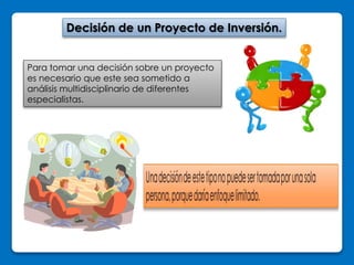 Decisión de un Proyecto de Inversión. 
Para tomar una decisión sobre un proyecto 
es necesario que este sea sometido a 
análisis multidisciplinario de diferentes 
especialistas. 
 