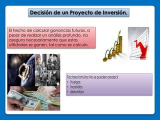 Decisión de un Proyecto de Inversión. 
El hecho de calcular ganancias futuras, a 
pesar de realizar un análisis profundo, no 
asegura necesariamente que estas 
utilidades se ganen, tal como se calculo. 
 