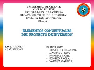 UNIVERSIDAD DE ORIENTE 
NUCLEO BOLIVAR 
ESCUELA DE CS. DE LA TIERRA 
DEPARTAMENTO DE ING. INDUSTRIAL 
CATEDRA: ING. ECONOMICA. 
SEC. 02R 
FACILITADORA: 
ARAY, MARIA F. 
PARTICIPANTES: 
- CHACON, JHONATHAN. 
- MACHADO, JESUS. 
- FARRERAS, ISRAEL. 
- ROMERO, PAOLA. 
- VÁSQUEZ, GABRIELA. 
 