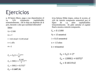 Ejercicios
5. El banco Bisco, paga a sus depositantes el
14 ½% compuesto capitalizable
semestralmente. ¿Si se deja un depósito de $
500, durante 1 año que cantidad obtendrá?
6.La Señora Nilda López, coloca $ 12.000, al
15% de interés compuesto semestral por el
lapso de 1.5 años capitalizables
trimestralmente. Se pide calcular el capital
final o monto a interés compuesto.
 