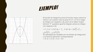 Al escribir la integral se pone la función mayor menos la
menor o en nuestro caso se pone (5-x2) -(2+2x2), luego
se integra con respecto a dy, pero al no haber ningún
término “Y” quedaría igual la integral y ahora se integra
con respecto a dx.
= ∫1
-1 5-x2 -2-2x2) dx = ∫1
-1 3-3x2 dx = {3x
3𝑥3
3
-} |1
-1 =
{3(1)
3(1)3
3
} - {3(-1)
3(−1)3
3
}
Se reemplaza las variables por los límites de integración
y se hace la operación correspondiente.
= (3-1) -(-3+1) = 6-2 = 4u2
 