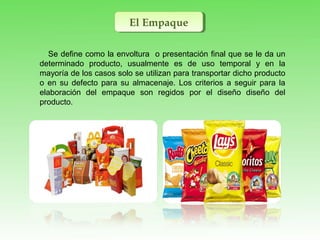 El EmpaqueEl Empaque
Se define como la envoltura o presentación final que se le da un
determinado producto, usualmente es de uso temporal y en la
mayoría de los casos solo se utilizan para transportar dicho producto
o en su defecto para su almacenaje. Los criterios a seguir para la
elaboración del empaque son regidos por el diseño diseño del
producto.
 