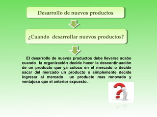 Desarrollo de nuevos productosDesarrollo de nuevos productos
¿Cuando desarrollar nuevos productos?¿Cuando desarrollar nuevos productos?
El desarrollo de nuevos productos debe llevarse acabo
cuando la organización decide hacer la descontinuación
de un producto que ya coloco en el mercado o decide
sacar del mercado un producto o simplemente decide
ingresar al mercado un producto mas renovado y
ventajoso que el anterior expuesto.
 