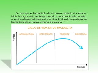 Se dice que el lanzamiento de un nuevo producto al mercado ,
inicia la mayor parte del tiempo cuando otro producto sale de este ,
e aquí la relación existente entre el ciclo de vida de un producto y el
lanzamiento de un nuevo producto al mercado.
 