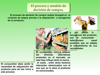 El proceso y modelo de
decisión de compra.
El proceso y modelo de
decisión de compra.
El proceso de decisión de compra realiza hincapié en el
conjunto de etapas previas a la adquisición u escogencia
de un producto.
El consumidor debe sentir la
necesidad de adquisición del
producto para así dar inicio a
este proceso
El consumidor deberá evaluar
las diversas alternativas
presentes en el mercado ,en
esta fase influye tanto la marca ,
el costo , entre otros factores
relevantes relacionados con el
uso que se le dará al producto
no mencionados.
y por ultimo la
escogencia del producto,
acá el consumidor
seleccionara aquel
producto que se adapte
al cumplimiento de sus
necesidades
 