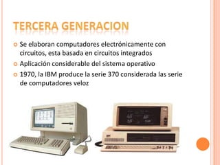 Se elaboran computadores electrónicamente con
circuitos, esta basada en circuitos integrados
 Aplicación considerable del sistema operativo
 1970, la IBM produce la serie 370 considerada las serie
de computadores veloz


 