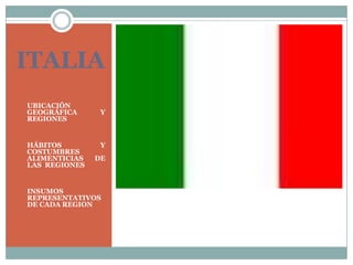 ITALIA
UBICACIÓN
GEOGRÁFICA
REGIONES

HÁBITOS
COSTUMBRES
ALIMENTICIAS
LAS REGIONES

Y

Y
DE

INSUMOS
REPRESENTATIVOS
DE CADA REGION

 