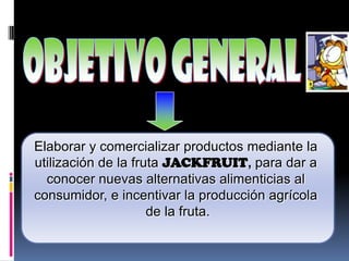 Elaborar y comercializar productos mediante la
utilización de la fruta JACKFRUIT, para dar a
  conocer nuevas alternativas alimenticias al
consumidor, e incentivar la producción agrícola
                     de la fruta.
 