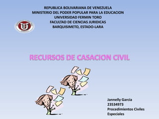 REPUBLICA BOLIVARIANA DE VENEZUELA
MINISTERIO DEL PODER POPULAR PARA LA EDUCACION
UNIVERSIDAD FERMIN TORO
FACULTAD DE CIENCIAS JURIDICAS
BARQUISIMETO, ESTADO-LARA
Jannelly Garcia
23534973
Procedimientos Civiles
Especiales
 