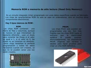 Memoria ROM o memoria de sólo lectura (Read Only Memory):
Es un circuito integrado (chip) programado con unos datos específicos cuando es fabricado.
Los chips de características ROM no solo se usan en ordenadores, sino en muchos otros
componentes electrónicos.

Hay 5 tipos básicos de ROM :
ROM.
Los chips ROM contienen
una
hilera de filas y columnas, aunque
la manera en que interactúan es
bastante diferente , usan un diodo
para conectar las líneas si el valor
es igual a 1, si el valor es 0, las
líneas no se conectan en absoluto.
.Estos chips necesitan la perfecta
programación y todos los datos
necesarios cuando son creados, ya
que no se pueden variar una vez
estén creados.

PROM.
Los chips Prom solo pueden ser
programados una vez. Son más
frágiles que los chips ROM hasta el
extremo
que
la
electricidad
estática
lo
puede
quemar.
Afortunadamente, los dispositivos
PROM vírgenes son baratos e
ideales para hacer pruebas para
crear un chip ROM definitivo.

 