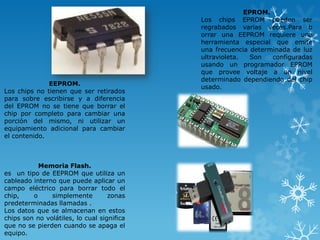 EEPROM.
Los chips no tienen que ser retirados
para sobre escribirse y a diferencia
del EPROM no se tiene que borrar el
chip por completo para cambiar una
porción del mismo, ni utilizar un
equipamiento adicional para cambiar
el contenido.

Memoria Flash.
es un tipo de EEPROM que utiliza un
cableado interno que puede aplicar un
campo eléctrico para borrar todo el
chip,
o
simplemente
zonas
predeterminadas llamadas .
Los datos que se almacenan en estos
chips son no volátiles, lo cual significa
que no se pierden cuando se apaga el
equipo.

EPROM.
Los chips EPROM pueden ser
regrabados varias veces.Para b
orrar una EEPROM requiere una
herramienta especial que emite
una frecuencia determinada de luz
ultravioleta.
Son
configuradas
usando un programador EPROM
que provee voltaje a un nivel
determinado dependiendo del chip
usado.

 