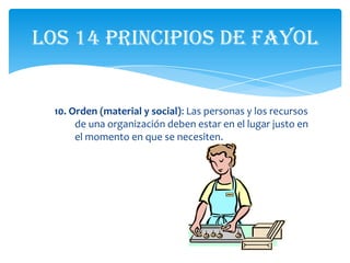 Los 14 principios de Fayol


  10. Orden (material y social): Las personas y los recursos
       de una organización deben estar en el lugar justo en
       el momento en que se necesiten.
 