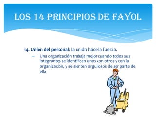 Los 14 principios de Fayol


  14. Unión del personal: la unión hace la fuerza.
      –   Una organización trabaja mejor cuando todos sus
          integrantes se identifican unos con otros y con la
          organización, y se sienten orgullosos de ser parte de
          ella
 