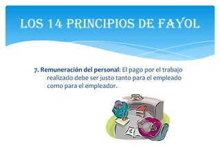 Los 14 principios de Fayol


  7. Remuneración del personal: El pago por el trabajo
       realizado debe ser justo tanto para el empleado
       como para el empleador.
 