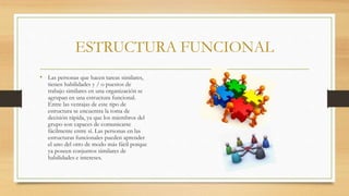 ESTRUCTURA FUNCIONAL
• Las personas que hacen tareas similares,
tienen habilidades y / o puestos de
trabajo similares en una organización se
agrupan en una estructura funcional.
Entre las ventajas de este tipo de
estructura se encuentra la toma de
decisión rápida, ya que los miembros del
grupo son capaces de comunicarse
fácilmente entre sí. Las personas en las
estructuras funcionales pueden aprender
el uno del otro de modo más fácil porque
ya poseen conjuntos similares de
habilidades e intereses.
 