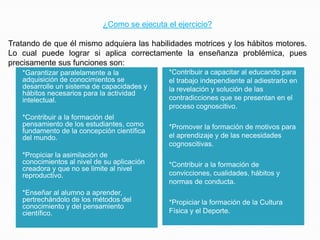 ¿Como se ejecuta el ejercicio?

Tratando de que él mismo adquiera las habilidades motrices y los hábitos motores.
Lo cual puede lograr si aplica correctamente la enseñanza problémica, pues
precisamente sus funciones son:
   *Garantizar paralelamente a la             *Contribuir a capacitar al educando para
   adquisición de conocimientos se            el trabajo independiente al adiestrarlo en
   desarrolle un sistema de capacidades y     la revelación y solución de las
   hábitos necesarios para la actividad
   intelectual.                               contradicciones que se presentan en el
                                              proceso cognoscitivo.
   *Contribuir a la formación del
   pensamiento de los estudiantes, como       *Promover la formación de motivos para
   fundamento de la concepción científica
   del mundo.                                 el aprendizaje y de las necesidades
                                              cognoscitivas.
   *Propiciar la asimilación de
   conocimientos al nivel de su aplicación    *Contribuir a la formación de
   creadora y que no se limite al nivel
   reproductivo.                              convicciones, cualidades, hábitos y
                                              normas de conducta.
   *Enseñar al alumno a aprender,
   pertrechándolo de los métodos del          *Propiciar la formación de la Cultura
   conocimiento y del pensamiento
   científico.                                Física y el Deporte.
 