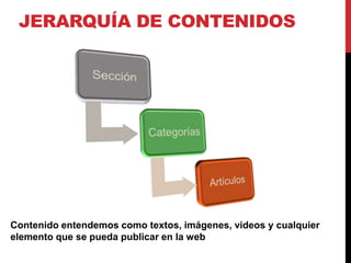 JERARQUÍA DE CONTENIDOS




Contenido entendemos como textos, imágenes, videos y cualquier
elemento que se pueda publicar en la web
 