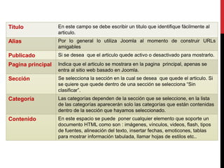 Titulo             En este campo se debe escribir un titulo que identifique fácilmente al
                   articulo.
Alias              Por lo general lo utiliza Joomla al momento de construir URLs
                   amigables
Publicado          Si se desea que el articulo quede activo o desactivado para mostrarlo.
Pagina principal   Indica que el articulo se mostrara en la pagina principal, apenas se
                   entra al sitio web basado en Joomla.
Sección            Se selecciona la sección en la cual se desea que quede el articulo. Si
                   se quiere que quede dentro de una sección se selecciona “Sin
                   clasificar”.
Categoría          Las categorías dependen de la sección que se seleccione, en la lista
                   de las categorías aparecerán solo las categorías que están contenidas
                   dentro de la sección que hayamos seleccionado.
Contenido          En este espacio se puede poner cualquier elemento que soporte un
                   documento HTML como son : imágenes, vínculos, videos, flash, tipos
                   de fuentes, alineación del texto, insertar fechas, emoticones, tablas
                   para mostrar información tabulada, llamar hojas de estilos etc..
 
