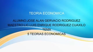 TEORIA ECONOMICA
ALUMNO:JOSE ALAN GERVACIO RODRIGUEZ
MAESTRO:LIC.LUIS ENRIQUE RODRIGUEZ CUAXILO
TEMA
5 TEORIAS ECONOMICAS
 