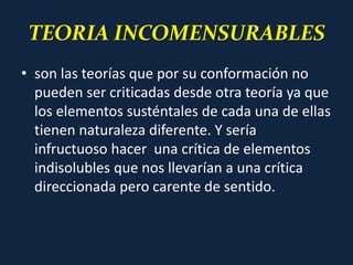 TEORIA INCOMENSURABLES
• son las teorías que por su conformación no
pueden ser criticadas desde otra teoría ya que
los elementos susténtales de cada una de ellas
tienen naturaleza diferente. Y sería
infructuoso hacer una crítica de elementos
indisolubles que nos llevarían a una crítica
direccionada pero carente de sentido.
 
