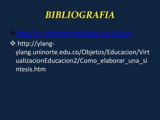 BIBLIOGRAFIA
Http://es.wikihow.com/hacer-un-ensayo
 http://ylang-
ylang.uninorte.edu.co/Objetos/Educacion/Virt
ualizacionEducacion2/Como_elaborar_una_si
ntesis.htm
 