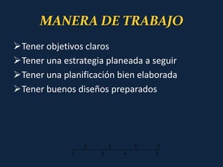 MANERA DE TRABAJO
Tener objetivos claros
Tener una estrategia planeada a seguir
Tener una planificación bien elaborada
Tener buenos diseños preparados
 