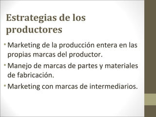 Estrategias de los
productores
• Marketing de la producción entera en las
propias marcas del productor.
• Manejo de marcas de partes y materiales
de fabricación.
• Marketing con marcas de intermediarios.

 