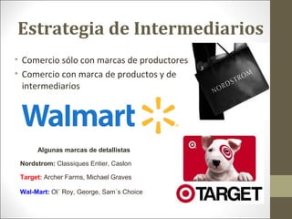 Estrategia de Intermediarios
• Comercio sólo con marcas de productores
• Comercio con marca de productos y de
intermediarios

Algunas marcas de detallistas
Nordstrom: Classiques Entier, Caslon
Target: Archer Farms, Michael Graves
Wal-Mart: Ol´ Roy, George, Sam´s Choice

 