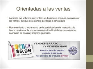 Orientadas a las ventas
• Aumento del volumen de ventas: se disminuye el precio para alentar
las ventas, aunque esto genere perdidas a corto plazo
• Mantenimiento o incremento de la participacion del mercado: Se
busca maximixar la producion (capacidad instalada) para obtener
economia de escala y mejores ganacias.

 