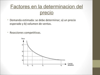 Factores en la determinacion del
precio
• Demanda estimada: se debe determinar; a) un precio
esperado y b) volumen de ventas.
• Reacciones competitivas.

 