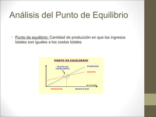 Análisis del Punto de Equilibrio
• Punto de equilibrio: Cantidad de producción en que los ingresos
totales son iguales a los costos totales

 