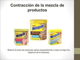 Contracción de la mezcla de
productos

Reducir la línea de productos aplica especialmente si éste no logra los
objetivos de la empresa.

 