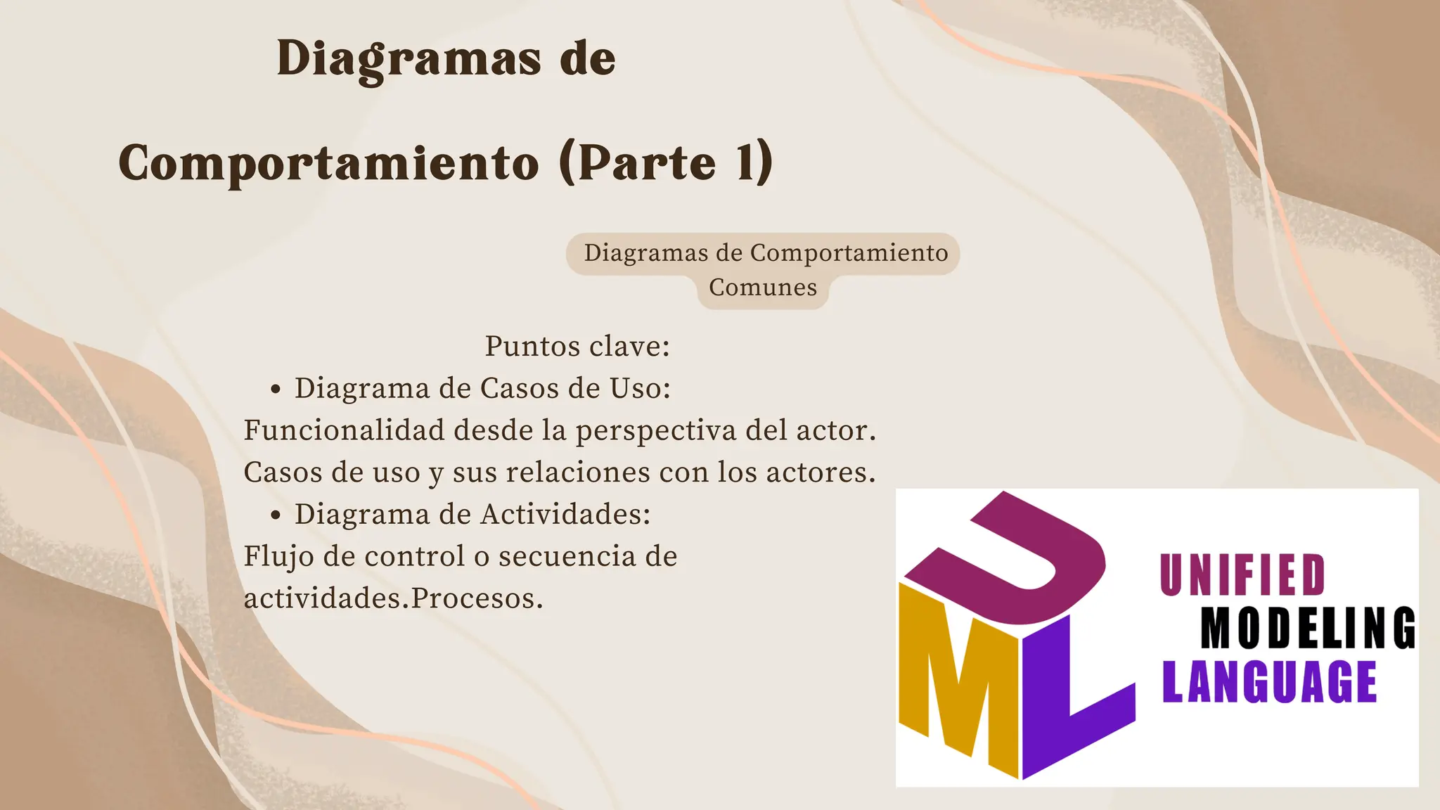 Diagramas de Comportamiento
Comunes
Puntos clave:
Diagrama de Casos de Uso:
Funcionalidad desde la perspectiva del actor.
Casos de uso y sus relaciones con los actores.
Diagrama de Actividades:
Flujo de control o secuencia de
actividades.Procesos.
Diagramas de
Comportamiento (Parte 1)
 