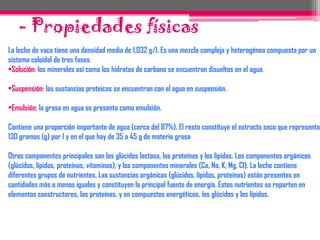 - Propiedades físicas La leche de vaca tiene una densidad media de 1,032 g/l. Es una mezcla compleja y heterogénea compuesta por un sistema coloidal de tres fases:Solución: los minerales así como los hidratos de carbono se encuentran disueltos en el agua.
