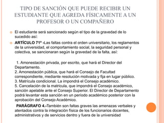 TIPO DE SANCIÓN QUE PUEDE RECIBIR UN 
ESTUDIANTE QUE AGREDA FÍSICAMENTE A UN 
PROFESOR O UN COMPAÑERO 
 El estudiante será sancionado según el tipo de la gravedad de lo 
sucedido así: 
 ARTÍCULO 71º -Las faltas contra el orden universitario, los reglamentos 
de la universidad, el comportamiento social, la seguridad personal y 
colectiva, se sancionaran según la gravedad de la falta, así: 
1. Amonestación privada, por escrito, que hará el Director del 
Departamento. 
2. Amonestación pública, que hará el Consejo de Facultad 
correspondiente, mediante resolución motivada y fija en lugar público. 
3. Matrícula condicional. La impondrá el Consejo académico. 
5. Cancelación de la matricula, que impondrá el Consejo académico, 
sanción apelable ante el Consejo Superior. El Director de Departamento 
podrá levantar esta sanción en un período académico posterior con la 
aprobación del Consejo Académico. 
PARÁGRAFO 4.-También son faltas graves las amenazas verbales y 
atentados contra la integración física de los funcionarios docentes, 
administrativos y de servicios dentro y fuera de la universidad 
 