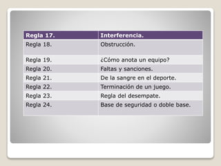 Regla 17. Interferencia.
Regla 18. Obstrucción.
Regla 19. ¿Cómo anota un equipo?
Regla 20. Faltas y sanciones.
Regla 21. De la sangre en el deporte.
Regla 22. Terminación de un juego.
Regla 23. Regla del desempate.
Regla 24. Base de seguridad o doble base.
 