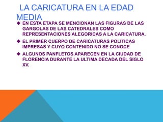 LA CARICATURA EN LA EDAD
MEDIA
 EN ESTA ETAPA SE MENCIONAN LAS FIGURAS DE LAS
GARGOLAS DE LAS CATEDRALES COMO
REPRESENTACIONES ALEGORICAS A LA CARICATURA.
 EL PRIMER CUERPO DE CARICATURAS POLITICAS
IMPRESAS Y CUYO CONTENIDO NO SE CONOCE
 ALGUNOS PANFLETOS APARECEN EN LA CIUDAD DE
FLORENCIA DURANTE LA ULTIMA DECADA DEL SIGLO
XV.
 