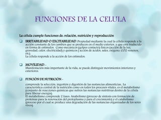 FUNCIONES DE LA CELULA
La célula cumple funciones de: relación, nutrición y reproducción
 IRRITABILIDAD O EXCITABILIDAD: :Propiedad mediante la cual la célula responde a la
acción constante de los cambios que se producen en el medio exterior, y que está traducido
en forma de estímulos. Como mecánicos (golpes contacto) físicos (acción de la luz,
gravedad, calor, electricidad) y químicos ( acción de ácidos, sales, oxigeno, CO2 venenos,
etc).
La célula responde a la acción de los estímulos:
 MOVILIDAD.-
Manifestación más importante de la vida, se puede distinguir movimientos interiores y
exteriores.
 FUNCIÓN DE NUTRICIÓN.-
comprende la selección, ingestión y digestión de las sustancias alimenticias,. La
característica central de la nutrición como en todos los procesos vitales, es el metabolismo
(conjunto de reacciones químicas que sufren las sustancias nutritivas dentro de la célula
para liberar energía).
El metabolismo comprende 2 fases: Anabolismo (proceso de síntesis con formación de
proteínas para la renovación del protoplasma y para el crecimiento) y el catabolismo
(proceso por el cual se produce una degradación de las sustancias organizadas de los seres
vivos).
 